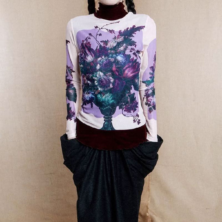 Long sleeve high neck ruffle beaded flower print top  | Festival Outfits Women