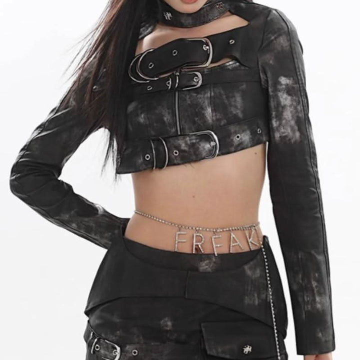 Long sleeve PU leather buckle pocket mini skirt set Cargo Mini Skirt  | Festival Outfits Women