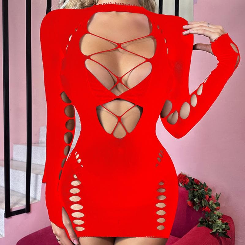 Long sleeve crewneck backless hollow out cut out mini dress  | Festival Outfits Women