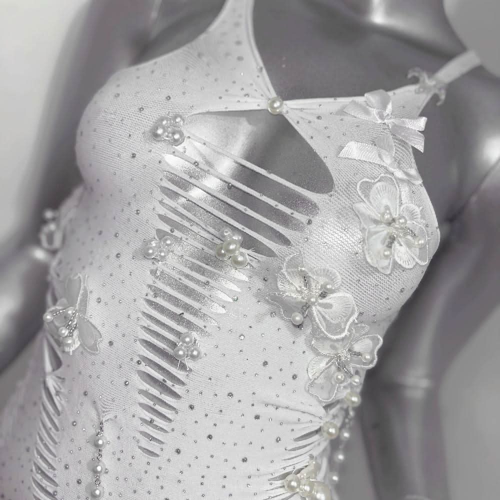 V neck beaded bowknot hollow out metal chain cami cut out mini dress  | Festival Outfits Women