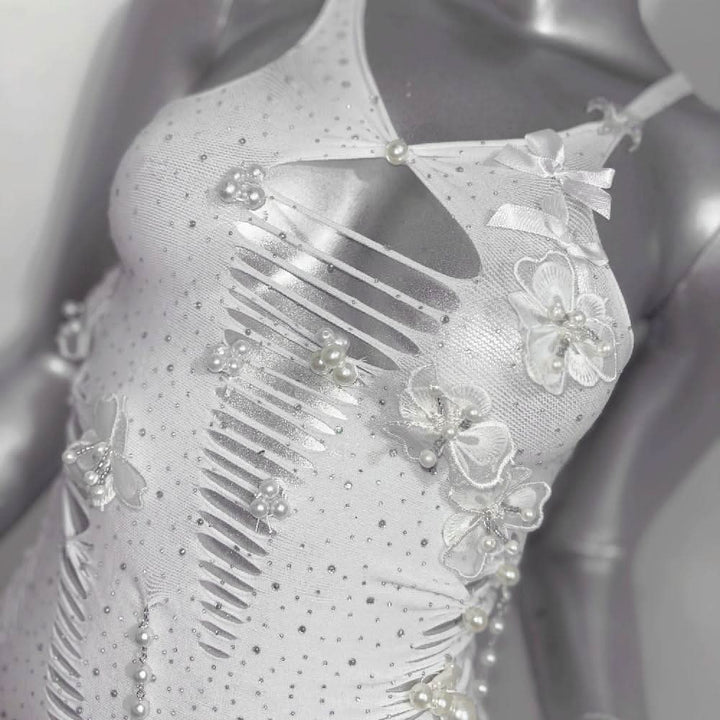 V neck beaded bowknot hollow out metal chain cami cut out mini dress  | Festival Outfits Women