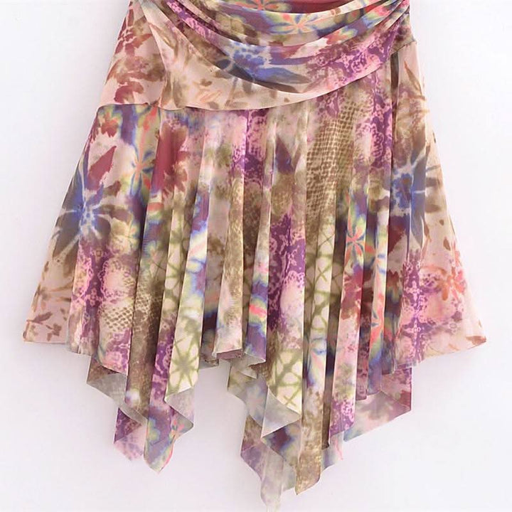 Halter self tie ruched print mesh v neck mini dress  | Festival Outfits Women
