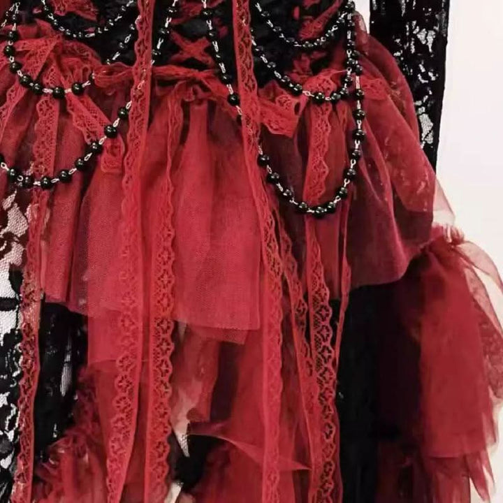 Long flared sleeve lace flower applique ruffle midi dress  | Festival Outfits Women