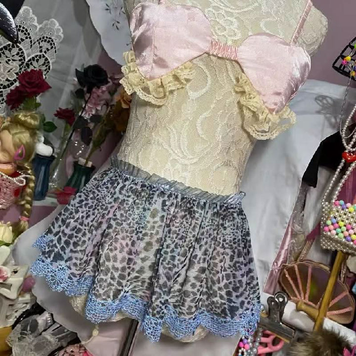 Bowknot leopard print lace hem ribbon mini skirt  | Festival Outfits Women  | Leopard Print Mini Dress