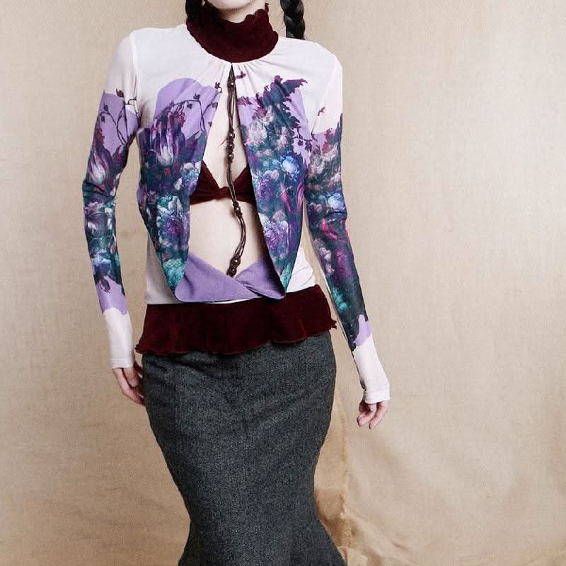 Long sleeve high neck ruffle beaded flower print top  | Festival Outfits Women