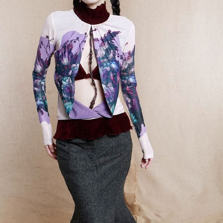 Long sleeve high neck ruffle beaded flower print top  | Festival Outfits Women