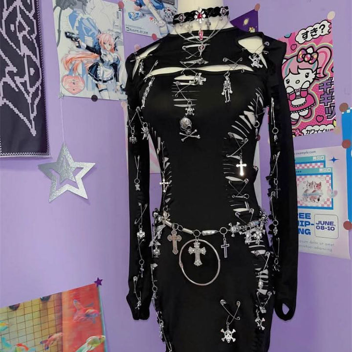 Long sleeve hollow out o ring skull applique cut out mini dress  | Festival Outfits Women