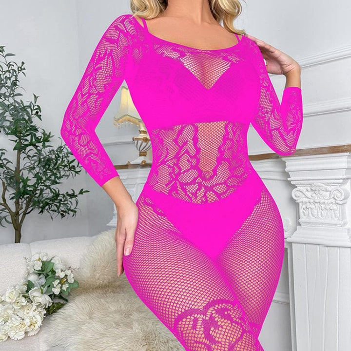 Long sleeve off shoulder fishnet pattern bodystocking  | Festival Outfits Women