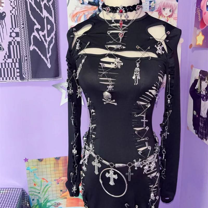 Long sleeve hollow out o ring skull applique cut out mini dress  | Festival Outfits Women