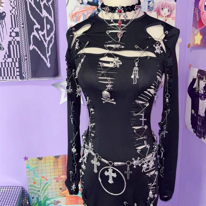 Long sleeve hollow out o ring skull applique cut out mini dress  | Festival Outfits Women