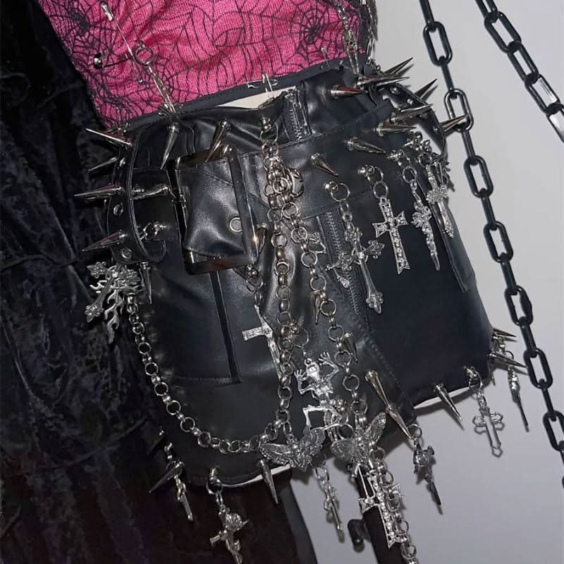 Metal chain PU leather rivet applique zip-up mini skirt Cargo Mini Skirt  | Festival Outfits Women