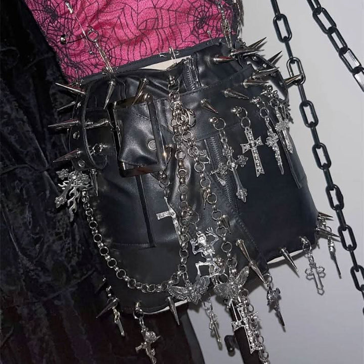 Metal chain PU leather rivet applique zip-up mini skirt Cargo Mini Skirt  | Festival Outfits Women