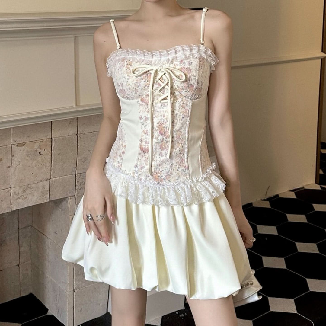 Lace hem ruffle flower print patchwork cami mini dress  | Festival Outfits Women