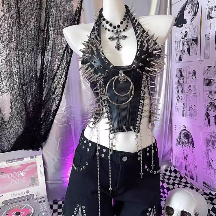 Halter PU leather o ring rivet applique metal chain top  | Festival Outfits Women