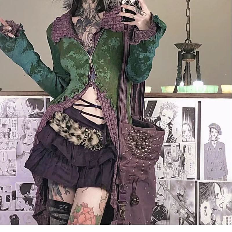 Long flared sleeve turnover collar zip-up tie dye ruffle top  | Festival Outfits Women-final-sale