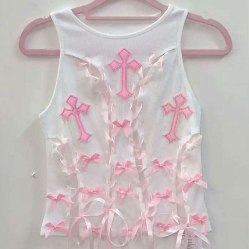 Crewneck bowknot cross pattern lace up ribbon top  | Festival Outfits Women