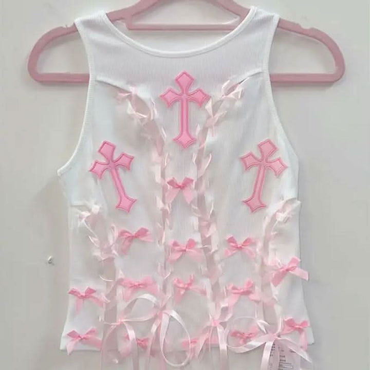Crewneck bowknot cross pattern lace up ribbon top  | Festival Outfits Women