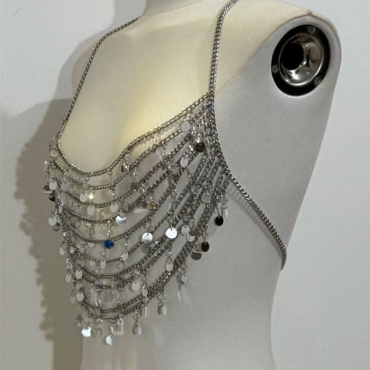 Halter glitter metal chain hollow out cut out top  | Festival Outfits Women