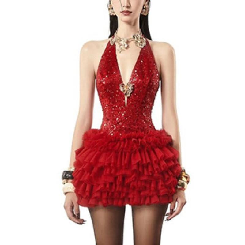 Glitter deep V neck ruched halter ruffle mini dress  | Festival Outfits Women