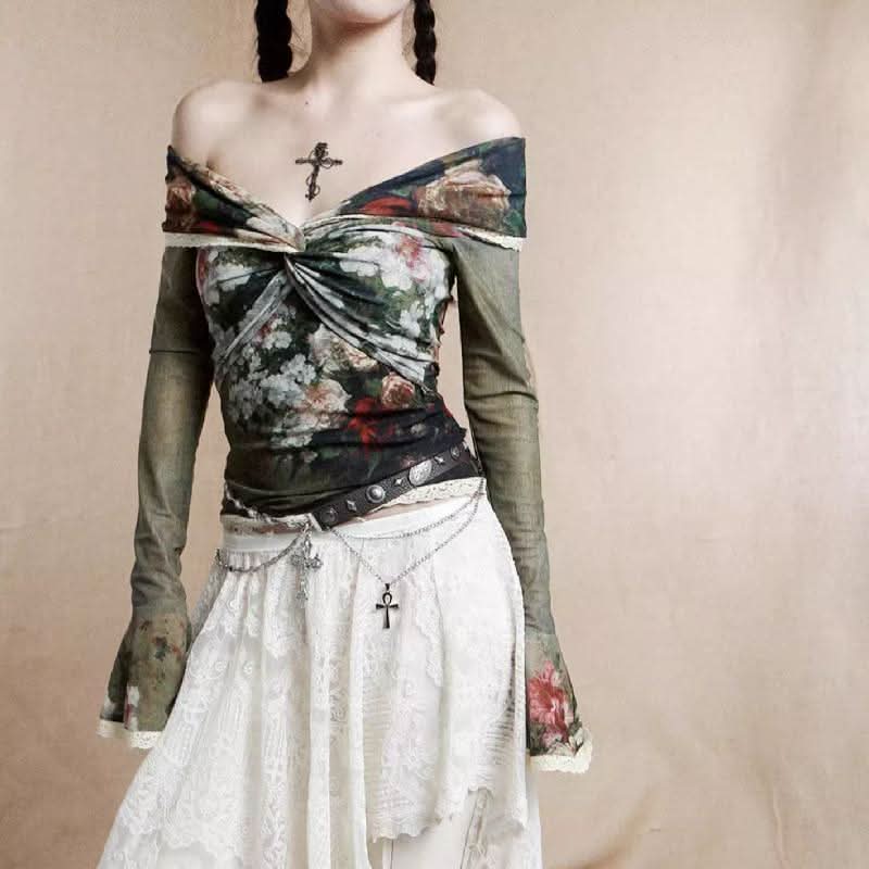 Long flared sleeve off shoulder lace hem flower print top  | Festival Outfits Women