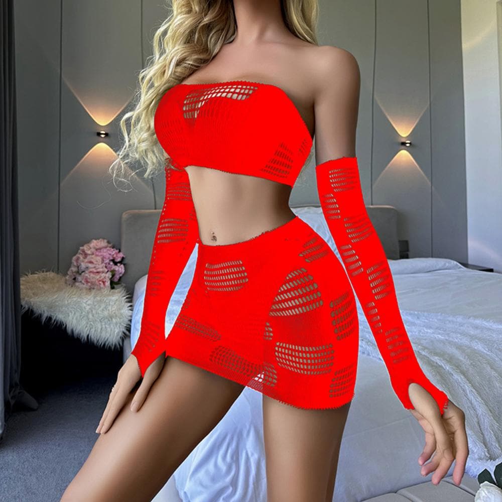 Gloves fishnet patchwork tube mini skirt set  | Festival Outfits Women