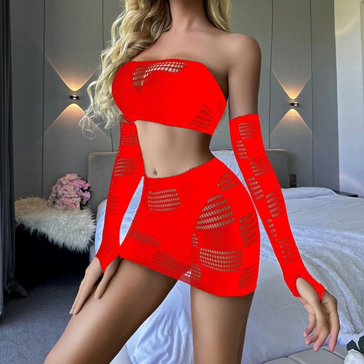 Gloves fishnet patchwork tube mini skirt set  | Festival Outfits Women