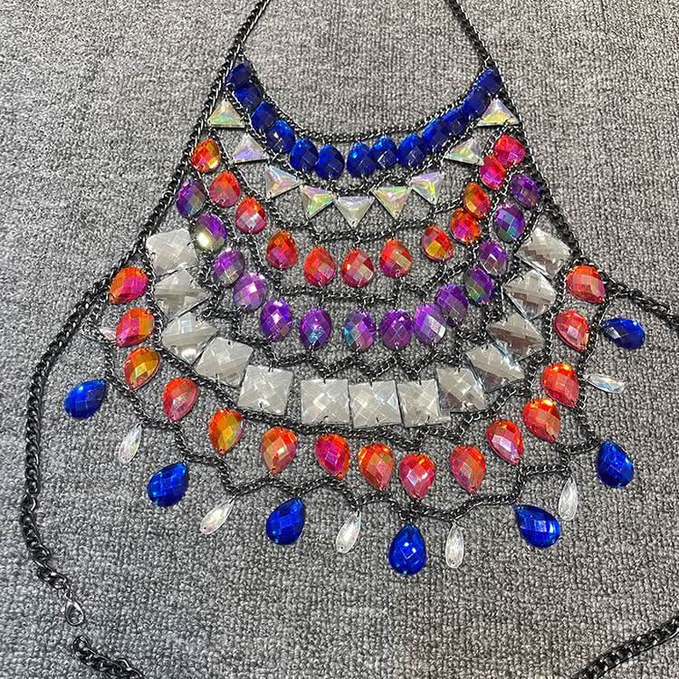 Halter crystal hollow out metal chain cut out top  | Festival Outfits Women