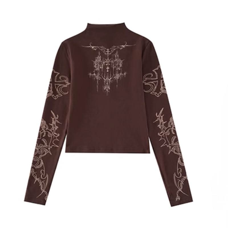 Long sleeve high neck cross print contrast top  | Festival Outfits Women