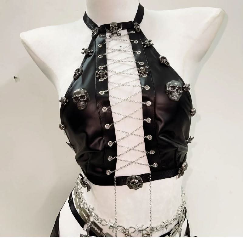 Lace up metal chain hollow out skull applique mini skirt set  | Festival Outfits Women