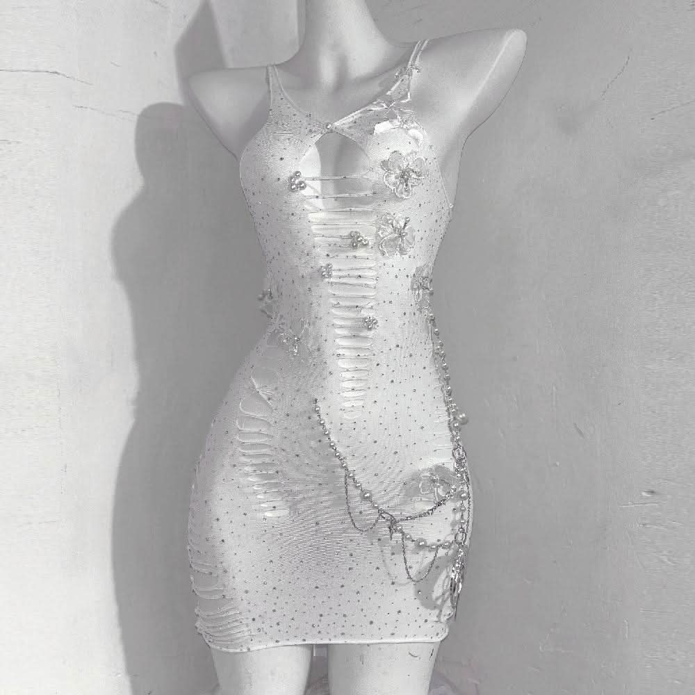 V neck beaded bowknot hollow out metal chain cami cut out mini dress  | Festival Outfits Women