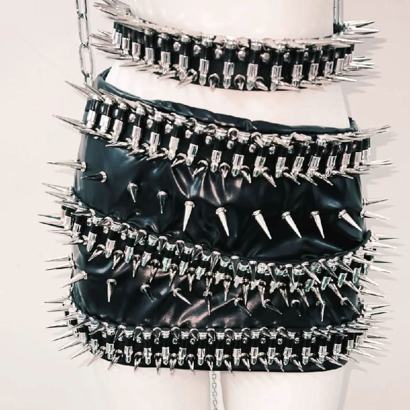 O ring rivet applique PU leather metal chain mini skirt set Cargo Mini Skirt  | Festival Outfits Women