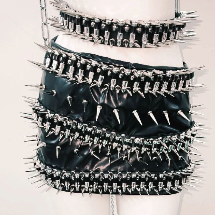 O ring rivet applique PU leather metal chain mini skirt set Cargo Mini Skirt  | Festival Outfits Women