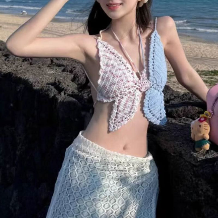 Knitted butterfly halter hollow out cami cut out top  | Festival Outfits Women