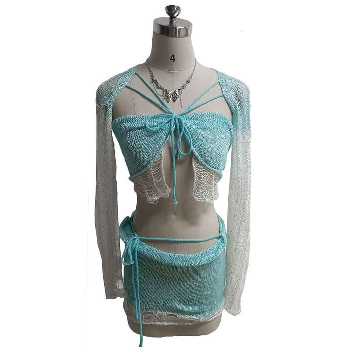 Glitter knitted long sleeve hollow out 3 piece mini skirt set  | Festival Outfits Women