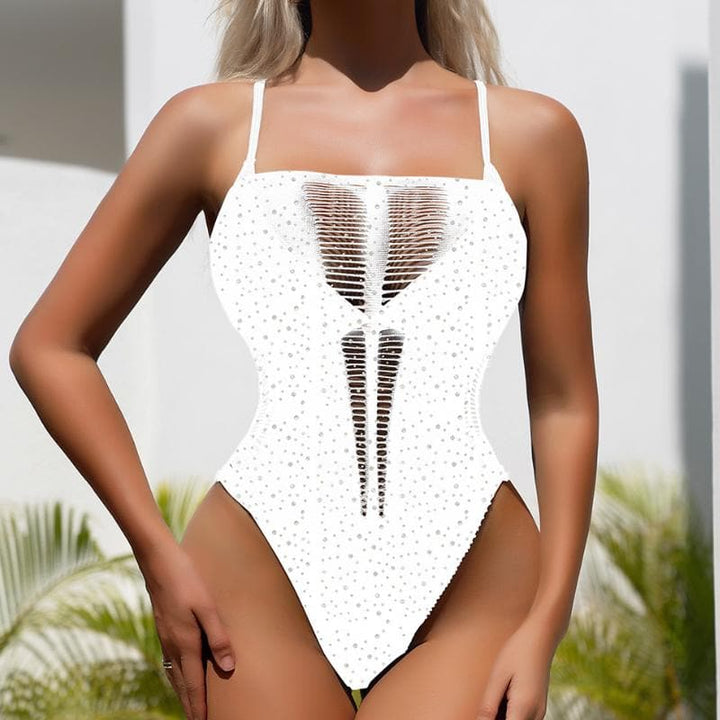 Square neck net rhinestone solid bodysuit  | Festival Outfits Women