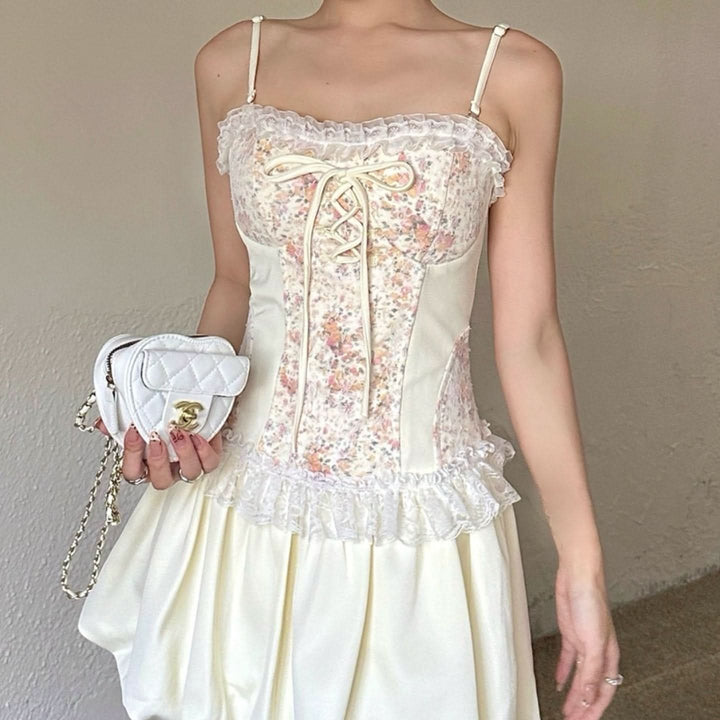 Lace hem ruffle flower print patchwork cami mini dress  | Festival Outfits Women