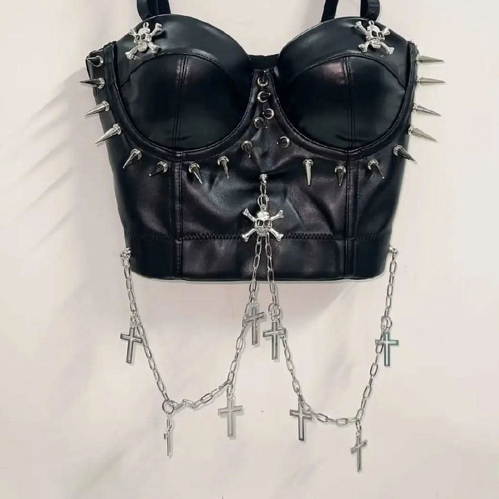 PU leather rivet skull metal chain cami top  | Festival Outfits Women