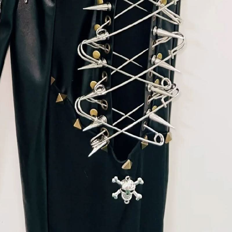 Lace up metal chain hollow out skull applique pant  | Festival Outfits Women