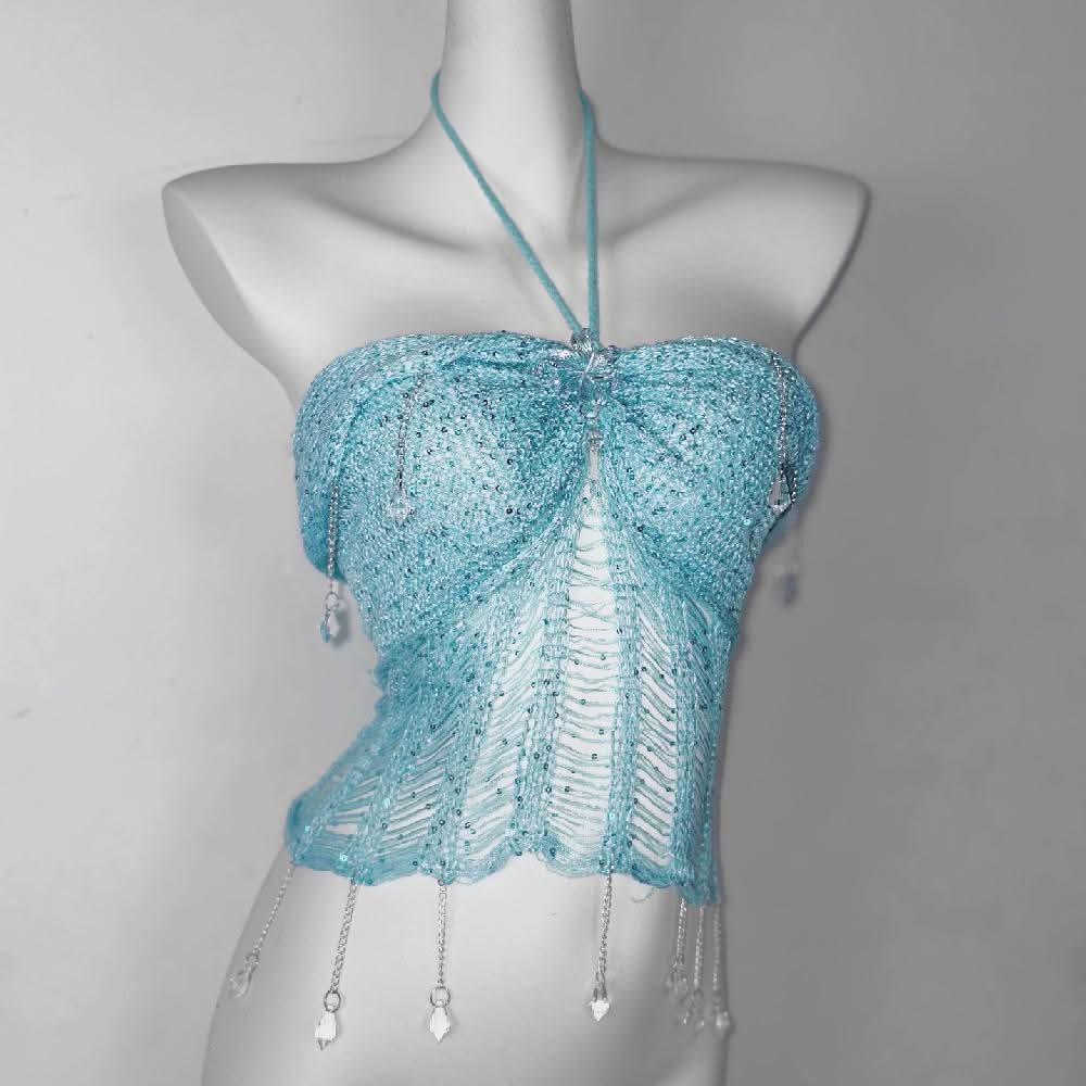 Halter knotted crystal pendant shrug hollow out ruched cut out top  | Festival Outfits Women