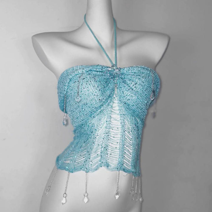 Halter knotted crystal pendant shrug hollow out ruched cut out top  | Festival Outfits Women