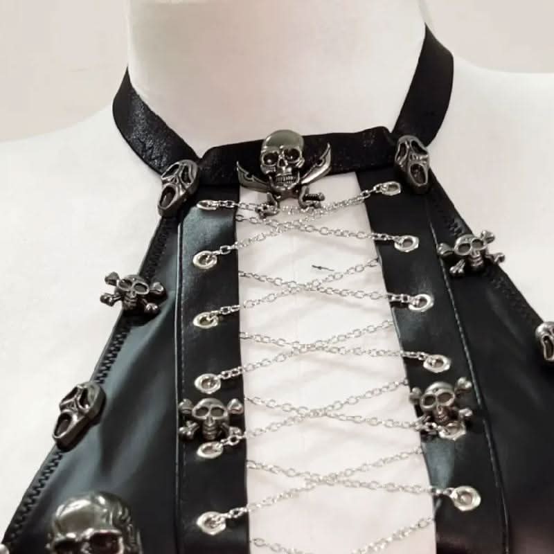 Lace up metal chain hollow out skull applique mini skirt set  | Festival Outfits Women