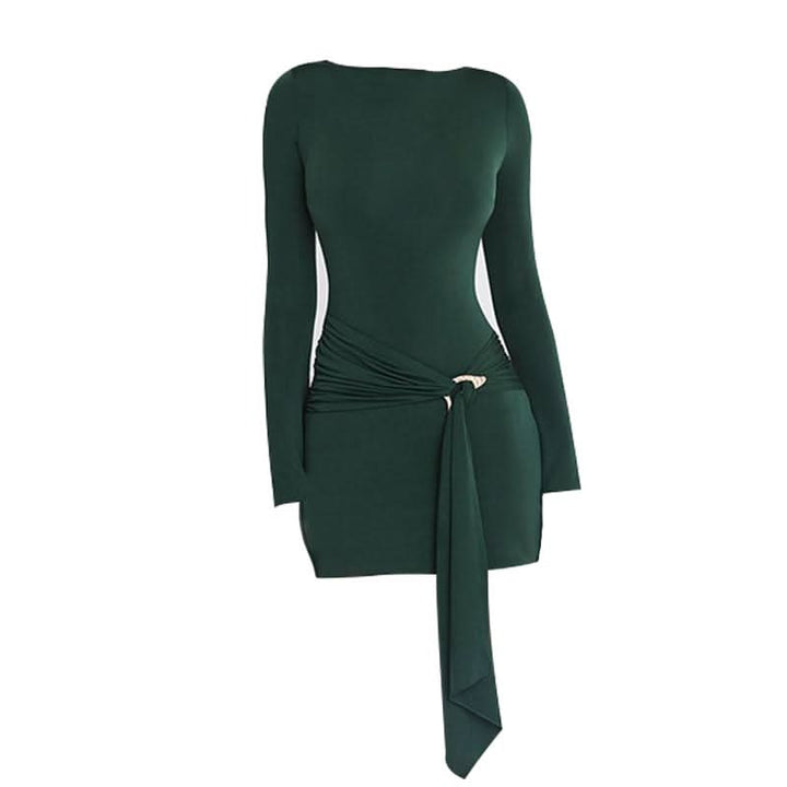Long sleeve ruched metal applique mini dress  | Festival Outfits Women