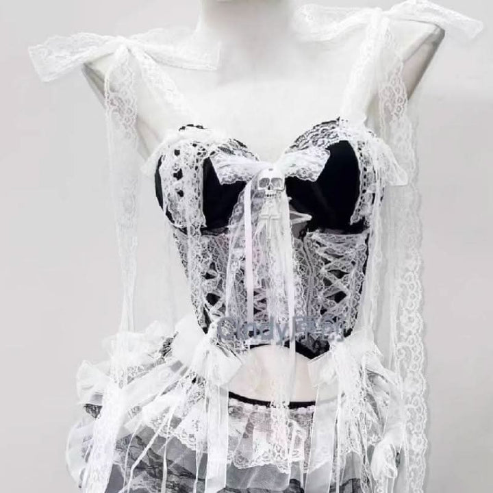 Lace hem v neck bowknot self tie skull applique top  | Festival Outfits Women
