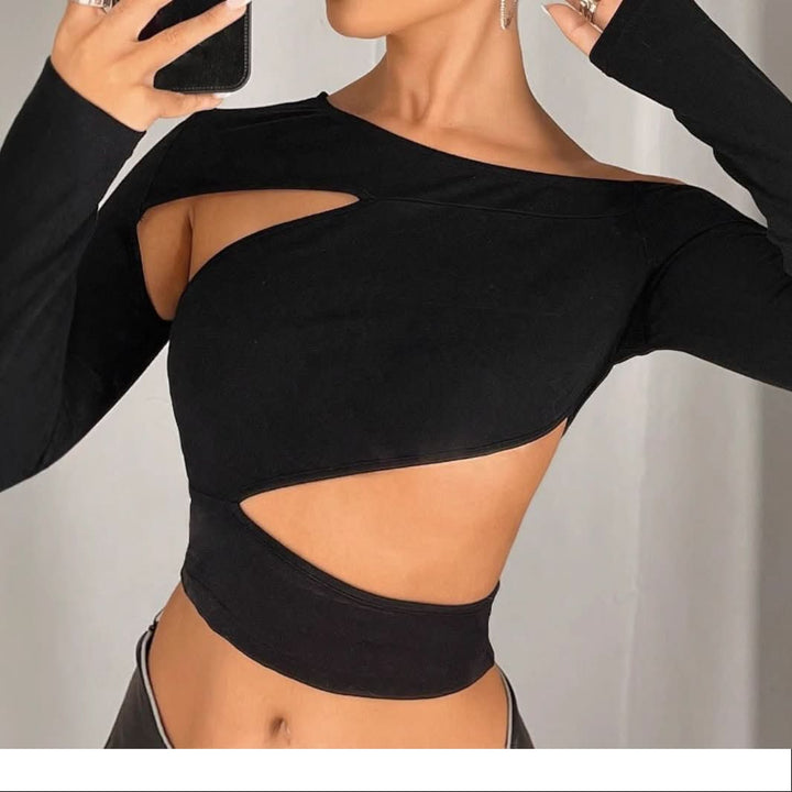 One shoulder long sleeve hollow out cut out top  | Festival Outfits Women