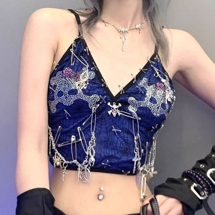 Beaded print metal applique v neck cami top  | Festival Outfits Women