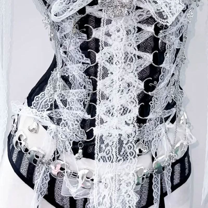 Skull applique lace hem self tie v neck lace up top  | Festival Outfits Women