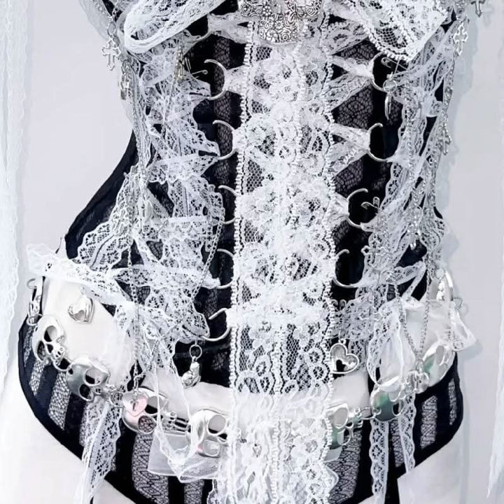 Skull applique lace hem self tie v neck lace up top  | Festival Outfits Women
