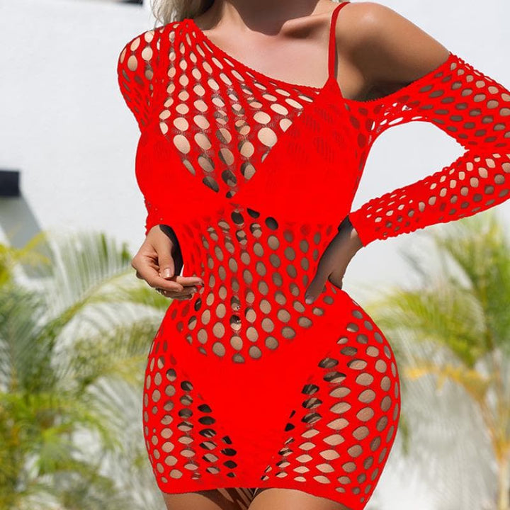 Long sleeve one shoulder net irregular mini dress  | Festival Outfits Women