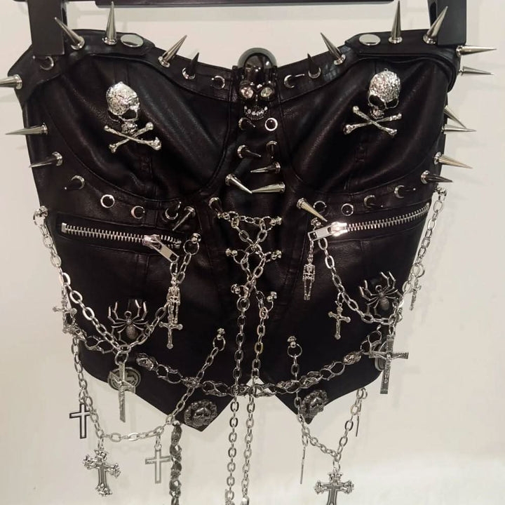 Zip-up rivet metal chain skull zip-up tube top  | Festival Outfits Women