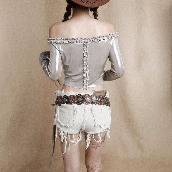 Long sleeve off shoulder ruffle button ruched top  | Festival Outfits Women